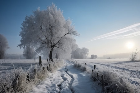 Winter road sunrise. countryside hill. Generate AIの素材