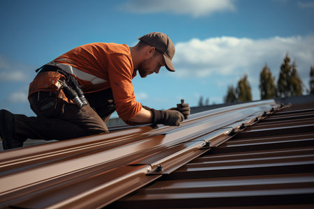 Worker installs gutter sky. man metal. Generate AIの素材