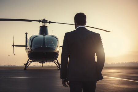 Businessman helicopter transport sunset. Travel aircraft. Generate AIの素材