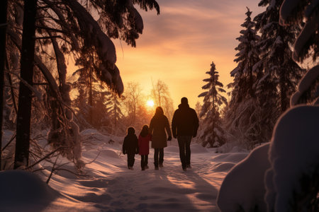 Family forest winter sunset walking. outside snow. Generate AIの素材