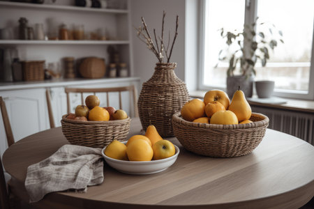 Fruit basket dining room table. Decor natural. Generate AIの素材