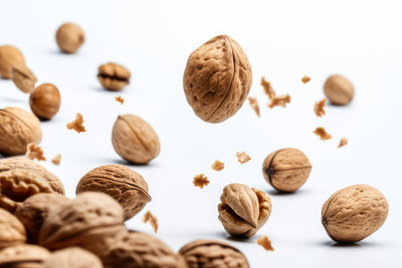 Flying walnuts food. Snack shell. Generate AIの素材