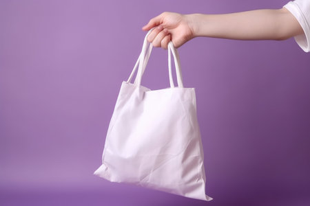 White hand bag violet wall. Ecology canvas. Generate AIの素材