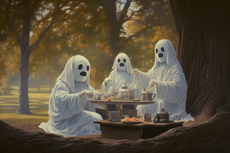 Ghosts take picnic tea forest. Spirit Creepy. Generate AIの素材