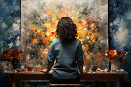 woman home painting canvas. watercolor oil. Generate AIの素材