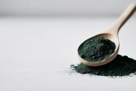 Spoon wooden spirulina powder. Macro algae. Generate AIの素材