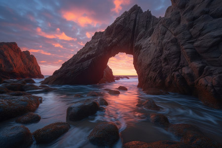 Arch rock ocean old. stone beach. Generate AIの素材
