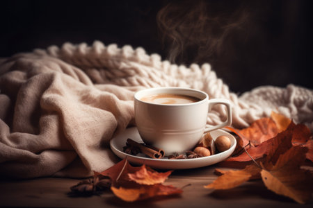 Coffee cozy autumn background. Above comfort. Generate AIの素材