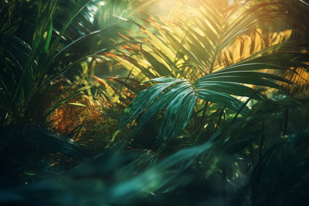 Tropical leaves at sun light. jungle color. Generate AIの素材