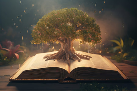 Magic book tree knowledge. Oak nature. Generate AIの素材