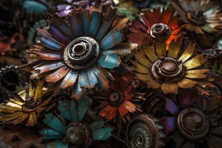 mechanical flowers. Metal steel sky. Generate AIの素材