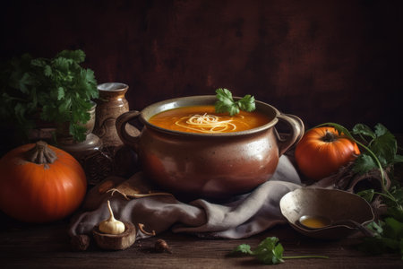 Pumpkin soup table. Diet meal cream. Generate AIの素材