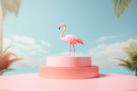 Flamingo podium. Palm cosmetic modern. Generate AIの素材