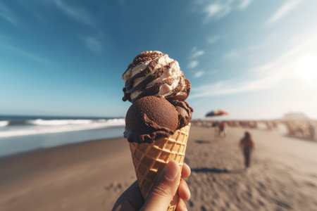 Hand hold ice cream beach. cool dessert. Generate AIの素材