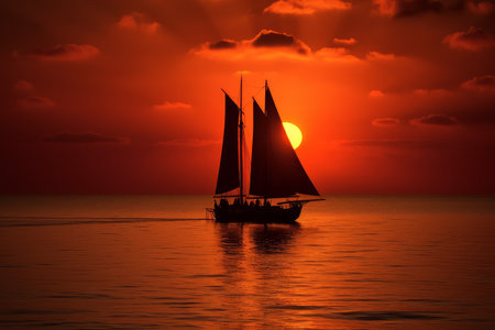 Sailboat red sunset. ocean boat. Generate AIの素材