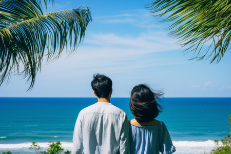 Asian couple watch sea palm tree. lifestyle young. Generate AIの素材