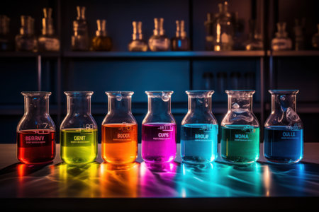Colorful beakers chemicals pots. chemical fluid. Generate AIの素材