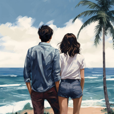 Asian couple watch sea banner illustration. outdoor sky. Generate AIの素材