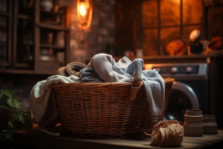 Basket dirty clothes dark room. heap container. Generate AIの素材