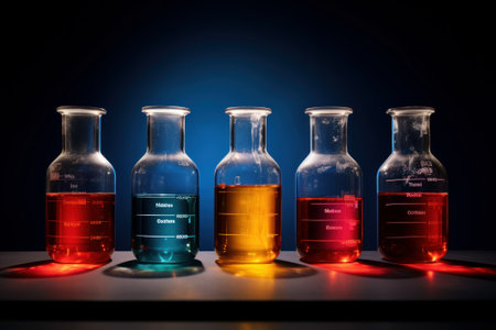 Colorful beakers chemicals table. study fluid. Generate AIの素材