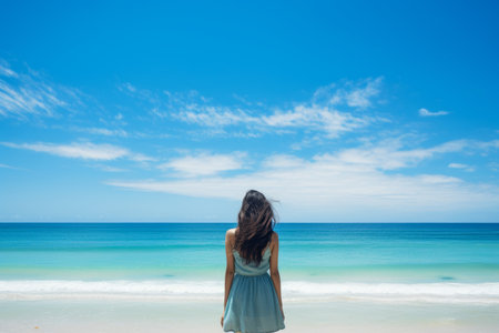 Blue sky seaside woman. water travel. Generate AIの素材