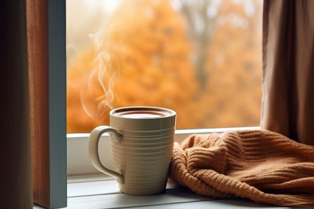 Brown hot mug scarf window. house room. Generate AIの素材
