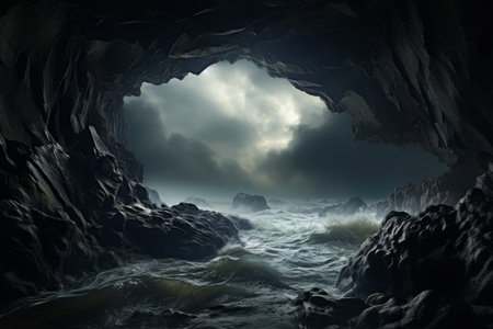 Cloudy sea storm from cave. Travel deep. Generate AIの素材
