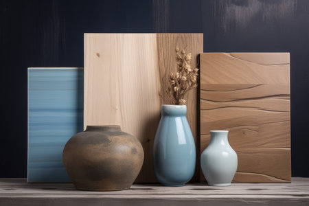 Interior wood vase at panel. wooden decor. Generate AIの素材