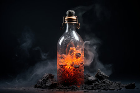 Flask black smoke bottle. Fog experiment. Generate AIの素材