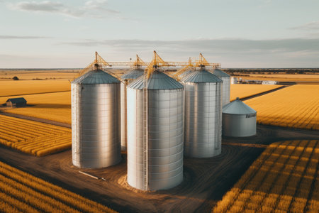 Grain silos farm field. import grant. Generate AIの素材