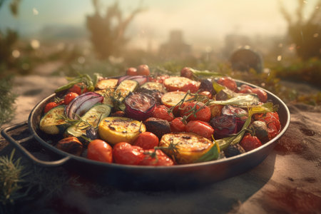 Grilled vegetables. Dark meal summer. Generate AIの素材