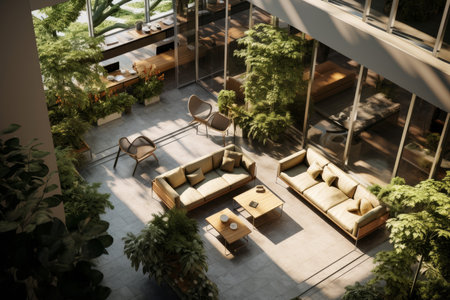 Indoors sofa outside round carpet. Trees indoor. Generate AIの素材