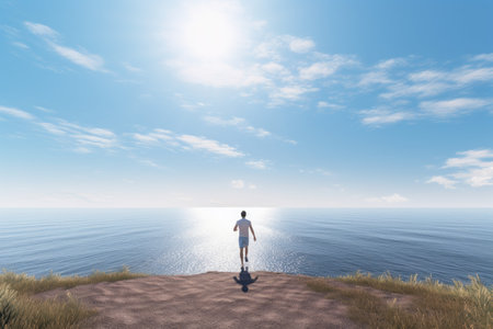 Man runs towards the sea. ocean outside. Generate AIの素材