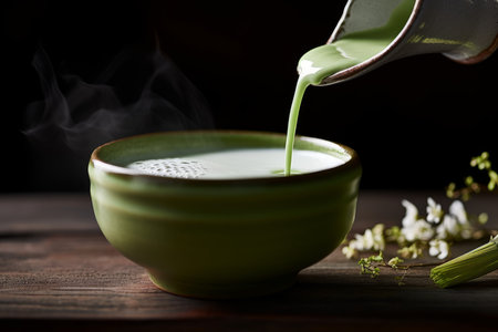 Matcha tea poured cup ceremony. Spoon ingredient. Generate AIの素材