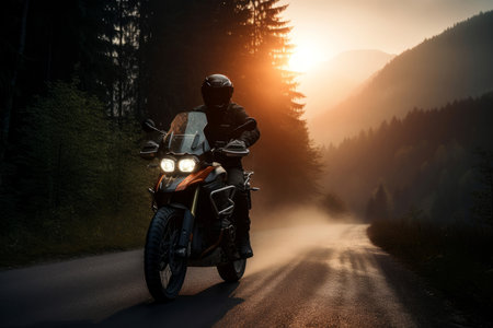 Man riding motorcycle morning. motor power. Generate AIの素材