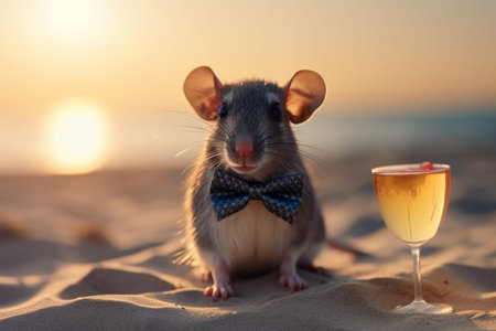 Mouse beach vacation sunset. baby sun. Generate AIの素材