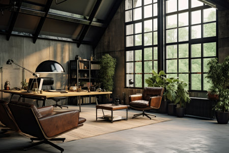 Modern office interior desk. worker plant. Generate AIの素材