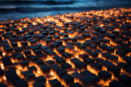 Night beach lights cubes. Sunset evening. Generate AIの素材