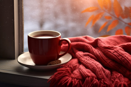 Red mug scarf winter window. Table space. Generate AIの素材