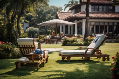 Sunshine daytime backyard chair umbrella. pool lounge. Generate AIの素材