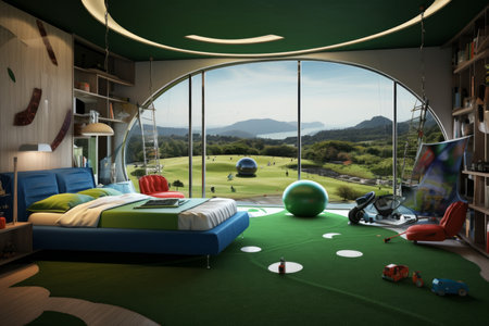 Space children's bed floor window. indoor kid. Generate AIの素材