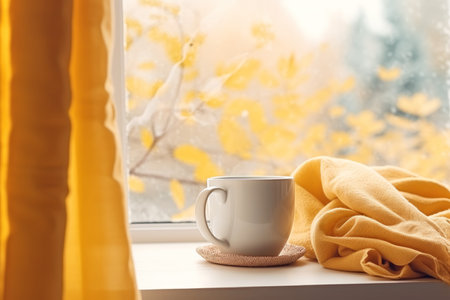 Yellow mug scarf window season. wood home. Generate AIの素材