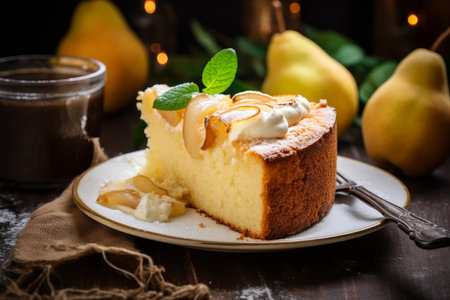 Yoghurt cake pear slice. Cream snack. Generate AIの素材