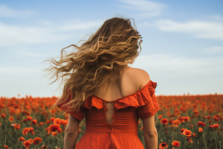 Woman red poppies field. casual people. Generate AIの素材