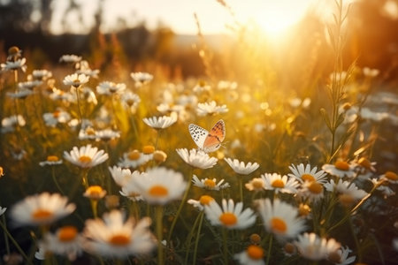 Butterfly field chamomile sunset. natural herb. Generate AIの素材