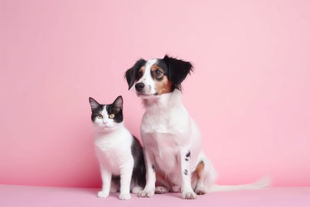 Dog cat pink baby. Canine sitting. Generate AIの素材