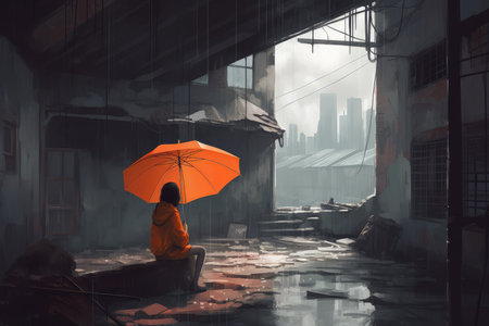 Girl umbrella abandoned house. morning sunrise. Generate AIの素材