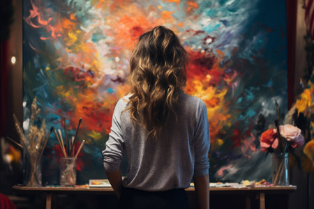 Woman painting colorful canvas. work studio. Generate AIの素材