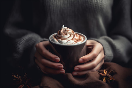 Woman hands hot chocolate dessert. Cozy breakfast. Generate AIの素材