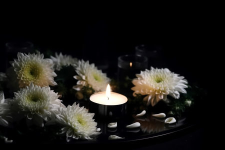 Chrysanthemum burning candle. White cozy candle. Generate AIの素材